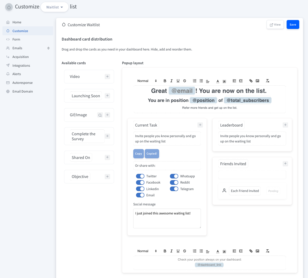 Customize Tuemilio dashboard